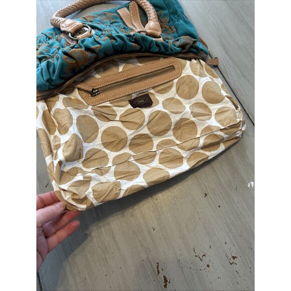 Nest Teal Blue Tan Brown Embroidered Shoulder Bag Purse Leather Woven Strap Boho - Picture 12 of 12